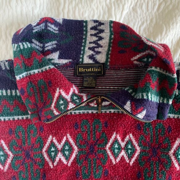 90s Vintage Bruttini Uomo Men's Geometric Mock Neck 3/4 Zip Fleece Sz Large - Picture 6 of 17